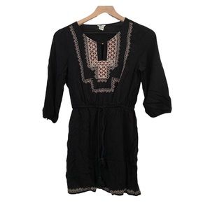 Forever 21 Embroidered 3/4 Sleeve Black Mini Dress Drawstring Waist Tassel